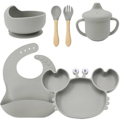 6-Piece Set With Wooden Spoon and Fork Silver Crab Shaped Silicone Bib and Baby Feeding Set