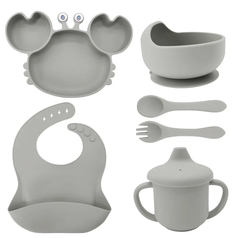 6-Piece Set With Silicone Spoon and Fork Silver Crab Shaped Silicone Bib and Baby Feeding Set