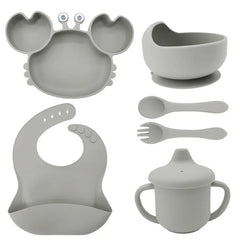6-Piece Set With Silicone Spoon and Fork Silver Crab Shaped Silicone Bib and Baby Feeding Set