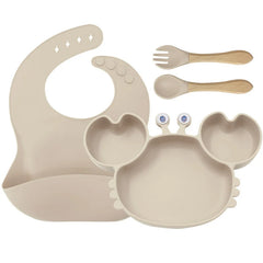 4-Piece Set With Wooden Spoon and Fork Beige Crab Shaped Silicone Bib and Baby Feeding Set