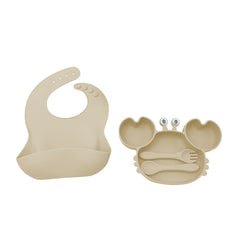4-Piece Set With Silicone Spoon and Fork Beige Crab Shaped Silicone Bib and Baby Feeding Set