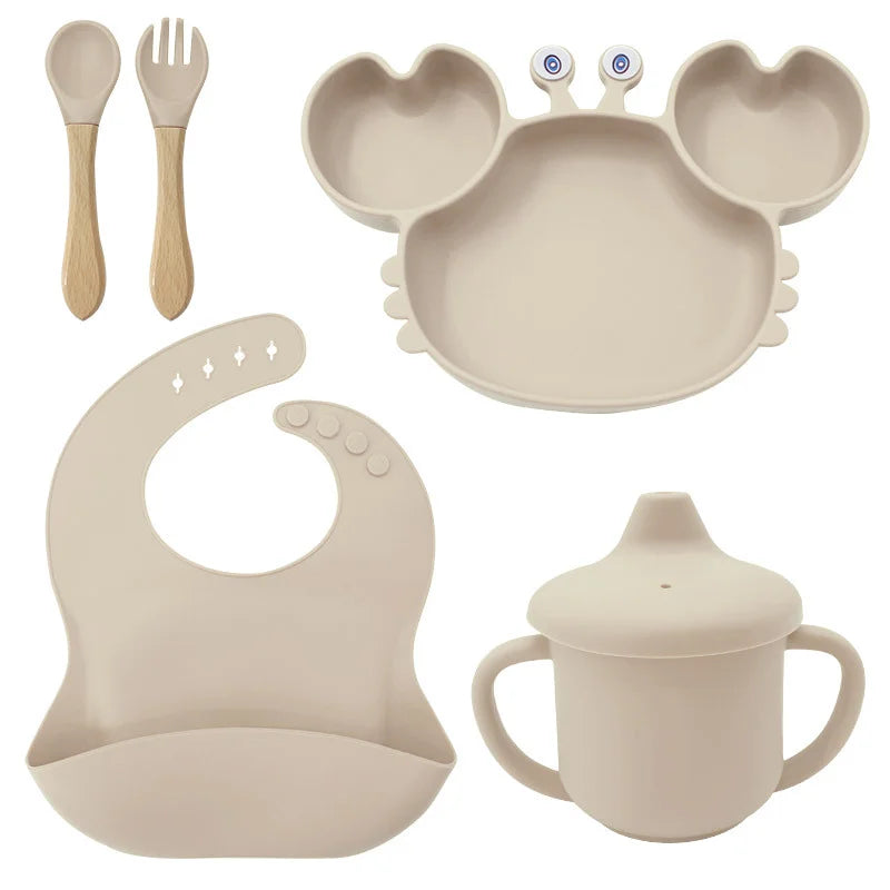 5-Piece Set With Wooden Spoon and Fork Beige Crab Shaped Silicone Bib and Baby Feeding Set