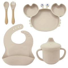 5-Piece Set With Wooden Spoon and Fork Beige Crab Shaped Silicone Bib and Baby Feeding Set