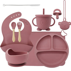 10-piece set with a pacifier and pacifier holder: Dark pink 10-Piece Silicone Bib and Baby Feeding Set | Baby Utensils