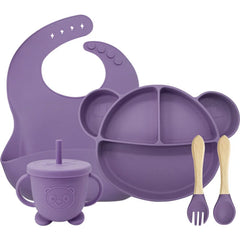 5-Piece Set Burgundy Mickey Mouse Silicone Bibs and Baby Feeding Set