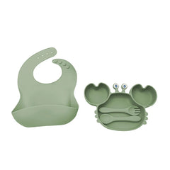 4-Piece Set With Silicone Spoon and Fork Matcha Green Crab Shaped Silicone Bib and Baby Feeding Set