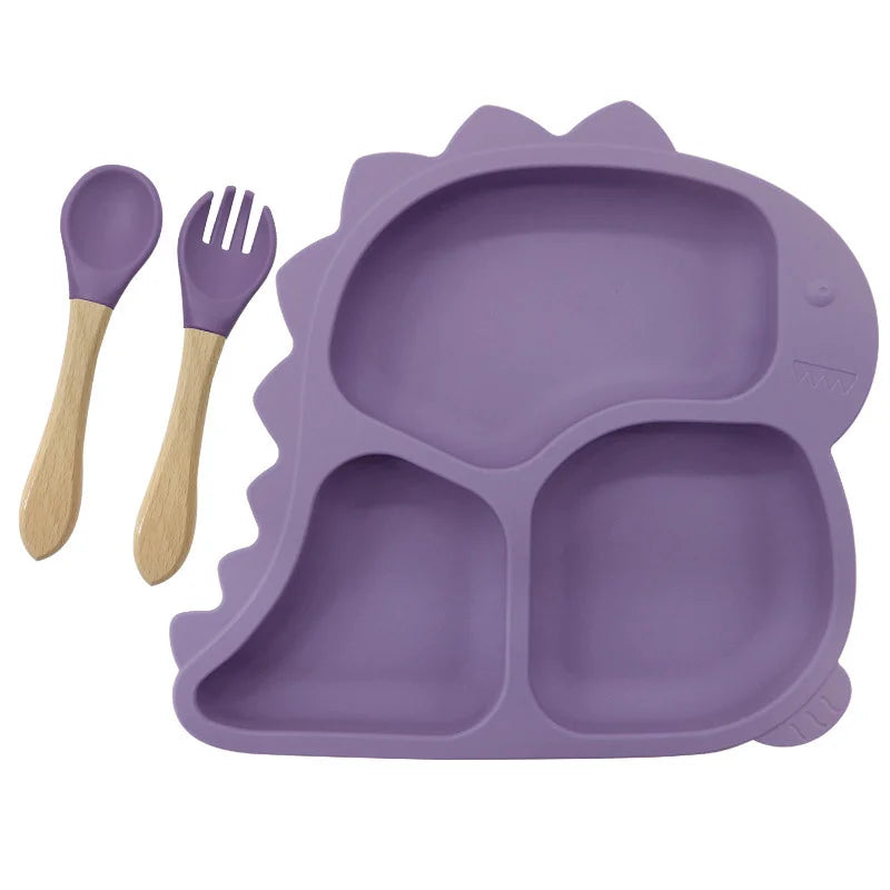 3 piece Burgundy Dino Silicone Baby Feeding Set | Best Baby Utensils