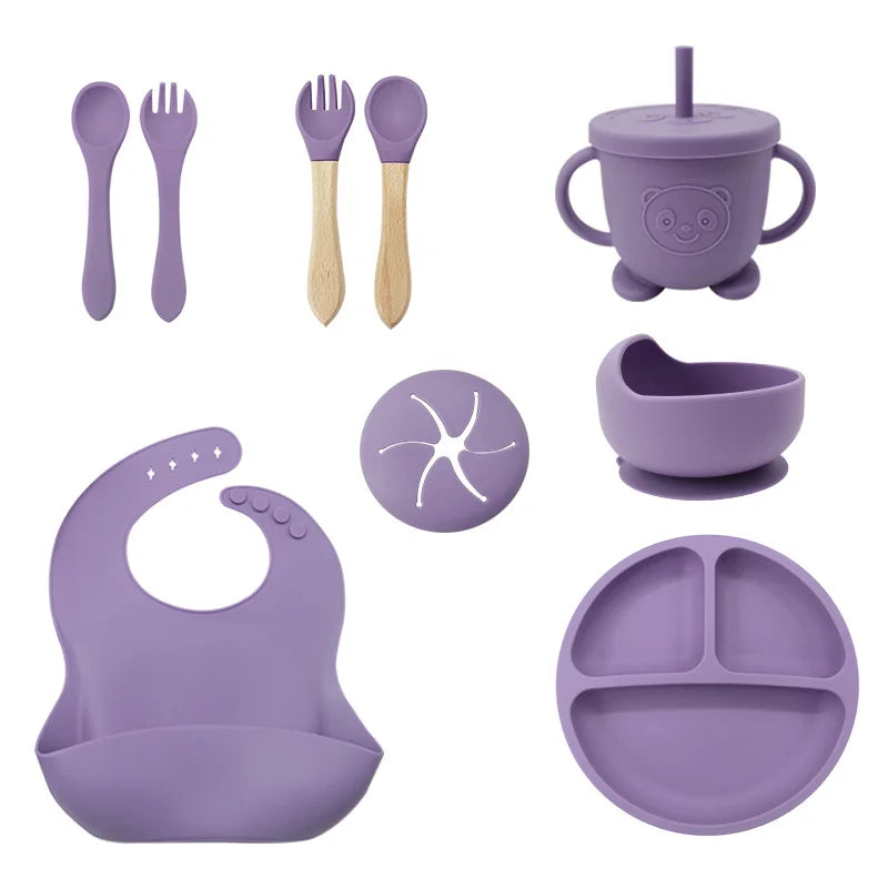 Burgundy 9 Pcs Silicone Bibs and Baby Feeding Set