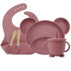 Dark pink Set with sip cup 5-piece Silicone Bibs and Baby Feeding Set | Baby Utensils
