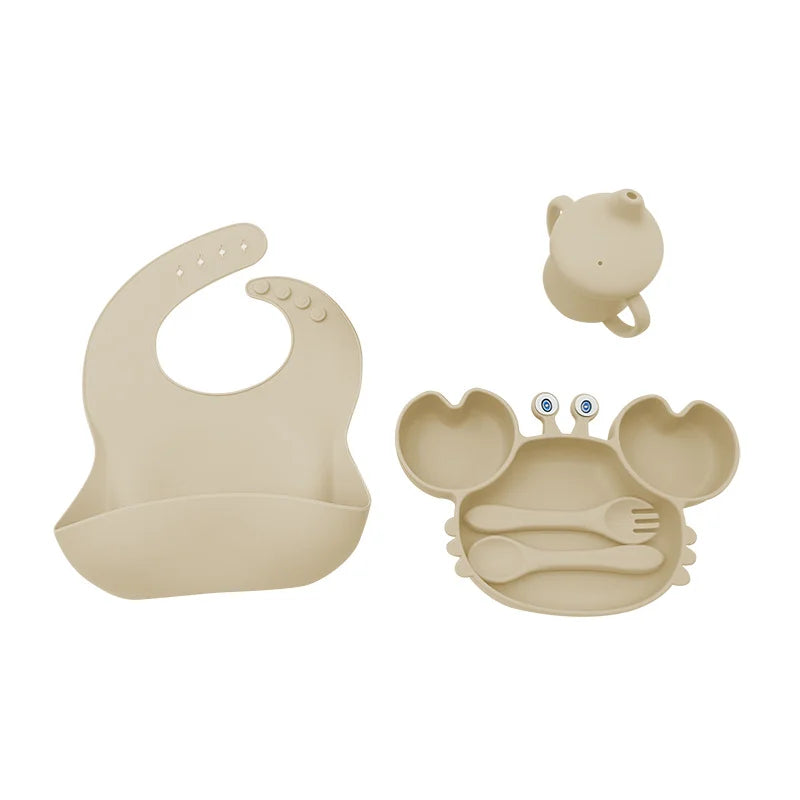 5-Piece Set With Silicone Spoon and Fork Beige Crab Shaped Silicone Bib and Baby Feeding Set