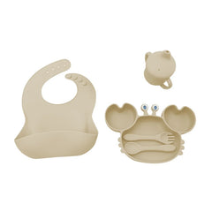 5-Piece Set With Silicone Spoon and Fork Beige Crab Shaped Silicone Bib and Baby Feeding Set