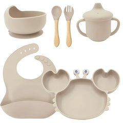 6-Piece Set With Wooden Spoon and Fork Beige Crab Shaped Silicone Bib and Baby Feeding Set