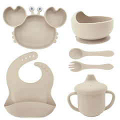 6-Piece Set With Silicone Spoon and Fork Beige Crab Shaped Silicone Bib and Baby Feeding Set