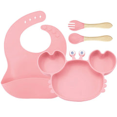 4-Piece Set With Wooden Spoon and Fork Light pink Crab Shaped Silicone Bib and Baby Feeding Set
