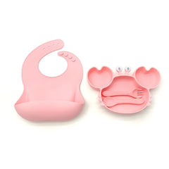 4-Piece Set With Silicone Spoon and Fork Light pink Crab Shaped Silicone Bib and Baby Feeding Set