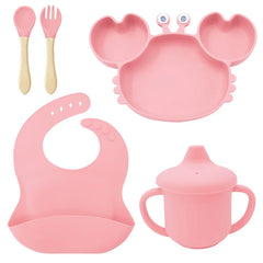 5-Piece Set With Wooden Spoon and Fork Light pink Crab Shaped Silicone Bib and Baby Feeding Set
