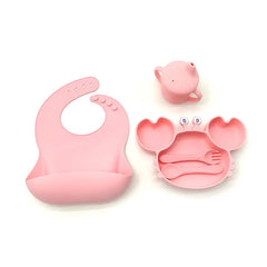 5-Piece Set With Silicone Spoon and Fork Light pink Crab Shaped Silicone Bib and Baby Feeding Set