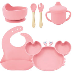 6-Piece Set With Wooden Spoon and Fork Light pink Crab Shaped Silicone Bib and Baby Feeding Set