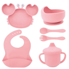 6-Piece Set With Silicone Spoon and Fork Light pink Crab Shaped Silicone Bib and Baby Feeding Set