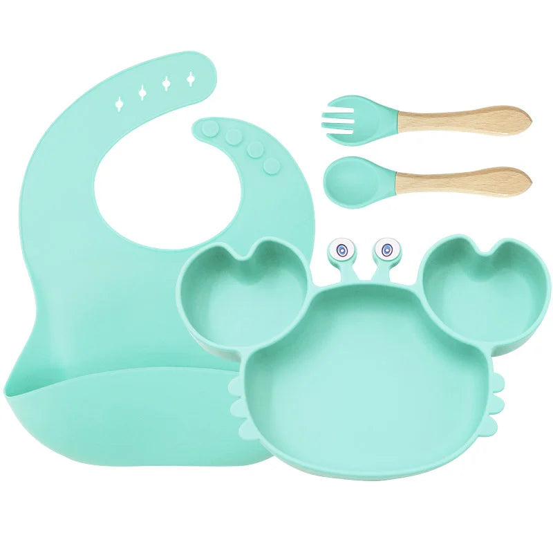 4-Piece Set With Wooden Spoon and Fork cyan Crab Shaped Silicone Bib and Baby Feeding Set