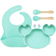 4-Piece Set With Wooden Spoon and Fork cyan Crab Shaped Silicone Bib and Baby Feeding Set
