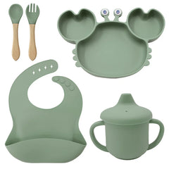 5-Piece Set With Wooden Spoon and Fork Matcha Green Crab Shaped Silicone Bib and Baby Feeding Set