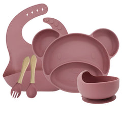 Dark pink Set with silicone bowl 5-piece Silicone Bibs and Baby Feeding Set | Baby Utensils
