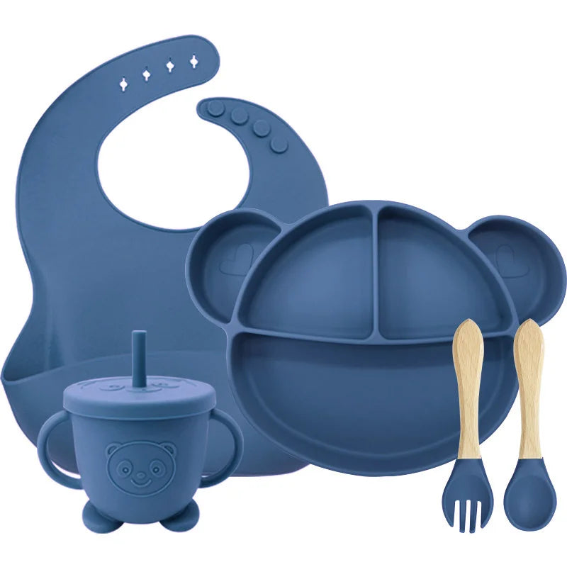 5-Piece Set Dark Blue Mickey Mouse Silicone Bibs and Baby Feeding Set