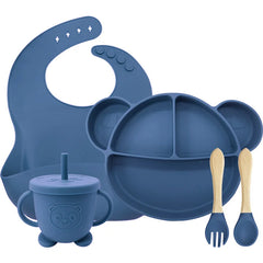 5-Piece Set Dark Blue Mickey Mouse Silicone Bibs and Baby Feeding Set