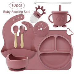 10-piece set with cup cover and fruit pacifier: Dark pink 10-Piece Silicone Bib and Baby Feeding Set | Baby Utensils