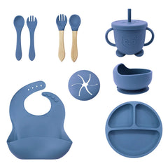 Ocean Blue 9 Pcs Silicone Bibs and Baby Feeding Set