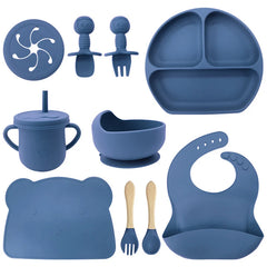 Dark Blue 10-Piece Silicone Bibs and Bowl Set | Baby Utensils