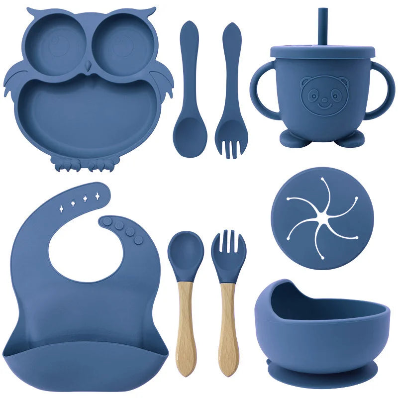 Midnight Blue 9-piece silicone bibs and self-feeding set