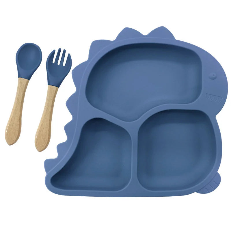 3 piece Dark Blue Dino Silicone Baby Feeding Set | Best Baby Utensils