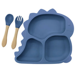 3 piece Dark Blue Dino Silicone Baby Feeding Set | Best Baby Utensils