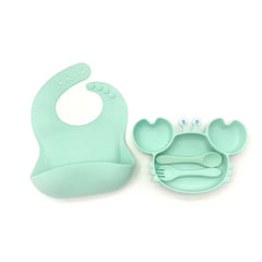 4-Piece Set With Silicone Spoon and Fork cyan Crab Shaped Silicone Bib and Baby Feeding Set