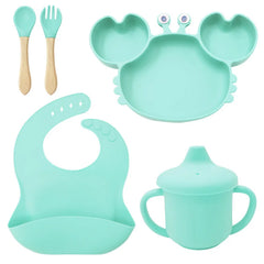 5-Piece Set With Wooden Spoon and Fork cyan Crab Shaped Silicone Bib and Baby Feeding Set