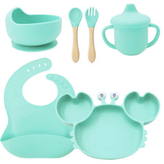 6-Piece Set With Wooden Spoon and Fork cyan Crab Shaped Silicone Bib and Baby Feeding Set