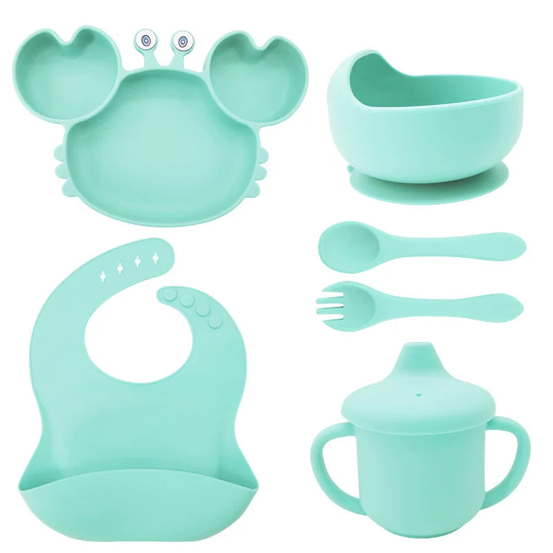 6-Piece Set With Silicone Spoon and Fork cyan Crab Shaped Silicone Bib and Baby Feeding Set