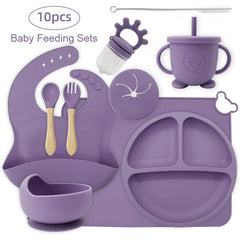 10-piece set with cup cover and fruit pacifier: Burgundy 10-Piece Silicone Bib and Baby Feeding Set | Baby Utensils