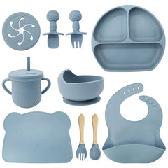 Light Blue 10-Piece Silicone Bibs and Bowl Set | Baby Utensils