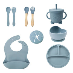 Light Blue 9 Pcs Silicone Bibs and Baby Feeding Set