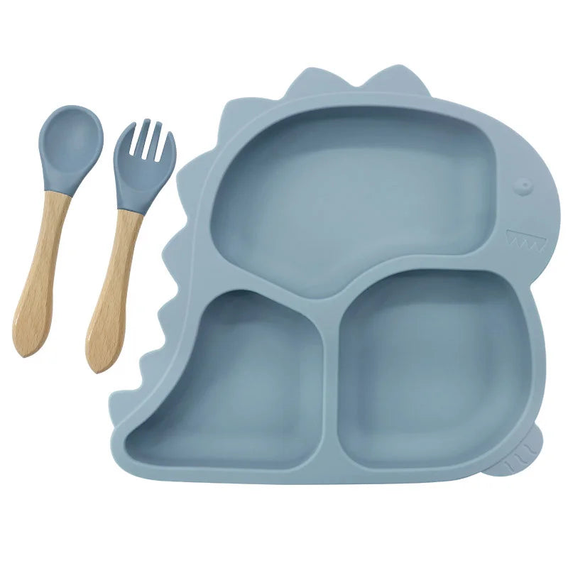 3 piece Light Blue Dino Silicone Baby Feeding Set | Best Baby Utensils