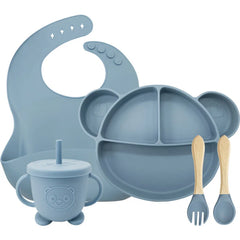 5-Piece Set Light Blue Mickey Mouse Silicone Bibs and Baby Feeding Set