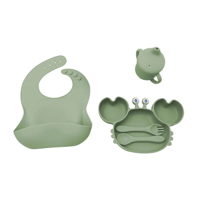 5-Piece Set With Silicone Spoon and Fork Matcha Green Crab Shaped Silicone Bib and Baby Feeding Set