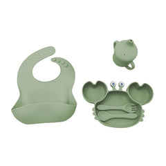 5-Piece Set With Silicone Spoon and Fork Matcha Green Crab Shaped Silicone Bib and Baby Feeding Set