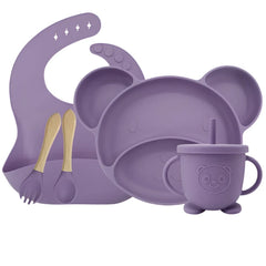 Burgundy Set with sip cup 5-piece Silicone Bibs and Baby Feeding Set | Baby Utensils