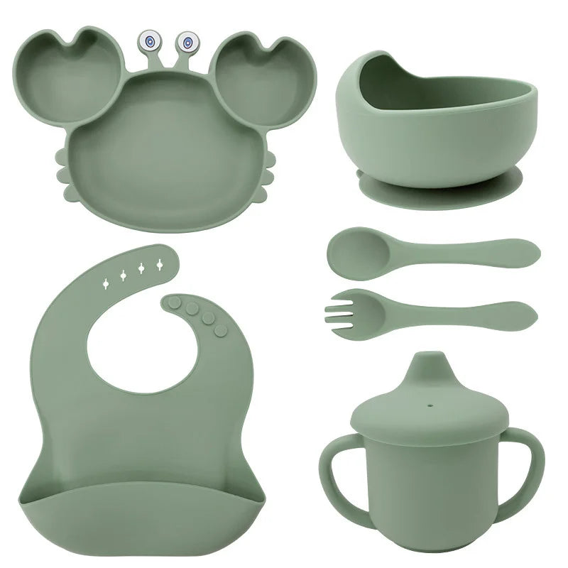 6-Piece Set With Silicone Spoon and Fork Matcha Green Crab Shaped Silicone Bib and Baby Feeding Set