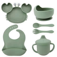 6-Piece Set With Silicone Spoon and Fork Matcha Green Crab Shaped Silicone Bib and Baby Feeding Set