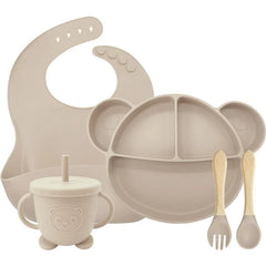 5-Piece Set Beige Mickey Mouse Silicone Bibs and Baby Feeding Set